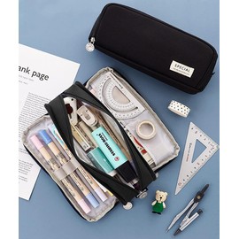 Large Pencil Case 3 Compartments, Big Capacity Pencil Pouch with Zipper, Stationery Pen Bag Organizer for Girls Women Kids Adults Students Teachers School Office - Black