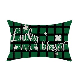 ONWAY St Patricks Day Green Buffalo Plaid Lumbar Pillow Cover 12x20 Shamrock Clover Lucky Blessed Decorative Farmhouse Cushion Case for Sofa Couch Home Bed Decor