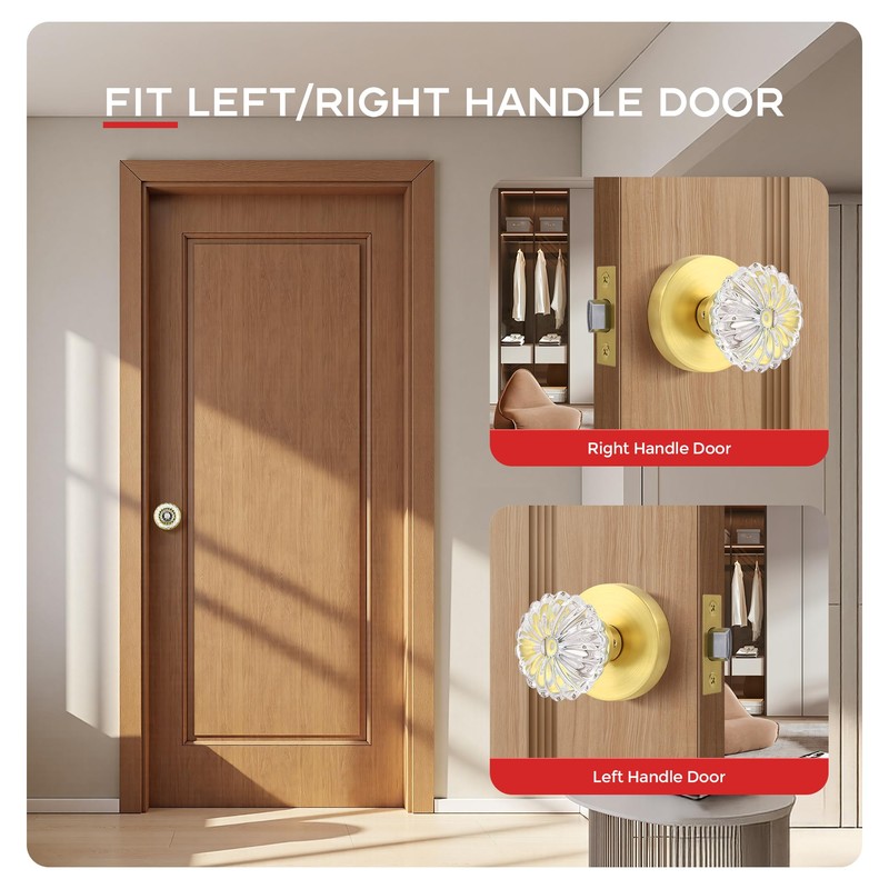 Heittis1 Pack Crystal Door Knobs Interior,Round Passage Glass Door Knob