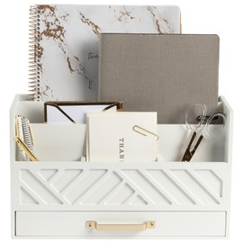 BLU MONACO White Wooden Mail Organizer With Drawer and Gold Handle | Desktop Storage for Home Office and Classroom | Multi-Section Letter Sorter | 4.6”D x 12.4”W x 7.5”H Tabletop Accessory Holder