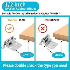 Satin Brushed Nickel Kitchen Cabinet Hinges, 50 Pack(25 Pairs) 1/2" Overlay Cabinet Hinges for Cabinet Door, Self Closing Flush Mount Cabinet Hinges with Screws