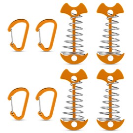 Pack of 4 Fishbone Deck Anchor Pegs, Colourful Aluminium Deck Anchor Pegs with Carabiners, Tent Rope Tensioner with Spring Buckle, Fishbone Tent Pegs for Outdoor Hiking Camping (Red)