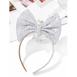 Yokawe Light Up Bow Headband Red Sequins Bowknot Flashing Costume Hair Accessory for Women (Silver)