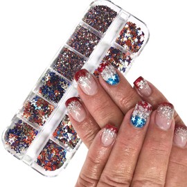 4th of July Nail Art Glitter Powder 3D Holographic Independence Day Nail Art Flakes Sequins Hollow Out Star Hexagon Design American Flag Nail Powder 4th of July Glitter Makeup DIY Manicure Decoration