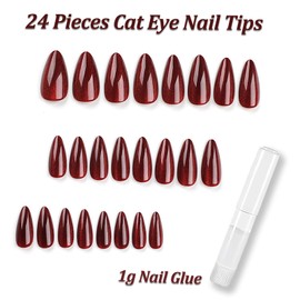 Red False Nails Long - Cat Eye Fake Nails with Glue - 24PCS Red Press on Nails Almond - Glitter Stick on Nials - Strong Nail Tips and Glue Long Lasting for Women DIY Nail Art Home