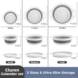 Cluren Collapsible Colander Set with Universal Draining Tray | 3-Pack Foldable Kitchen Strainers + Base | Space Saving for Pasta, Veggies, Fruit & Rice | 5 Colors (Gray-White)