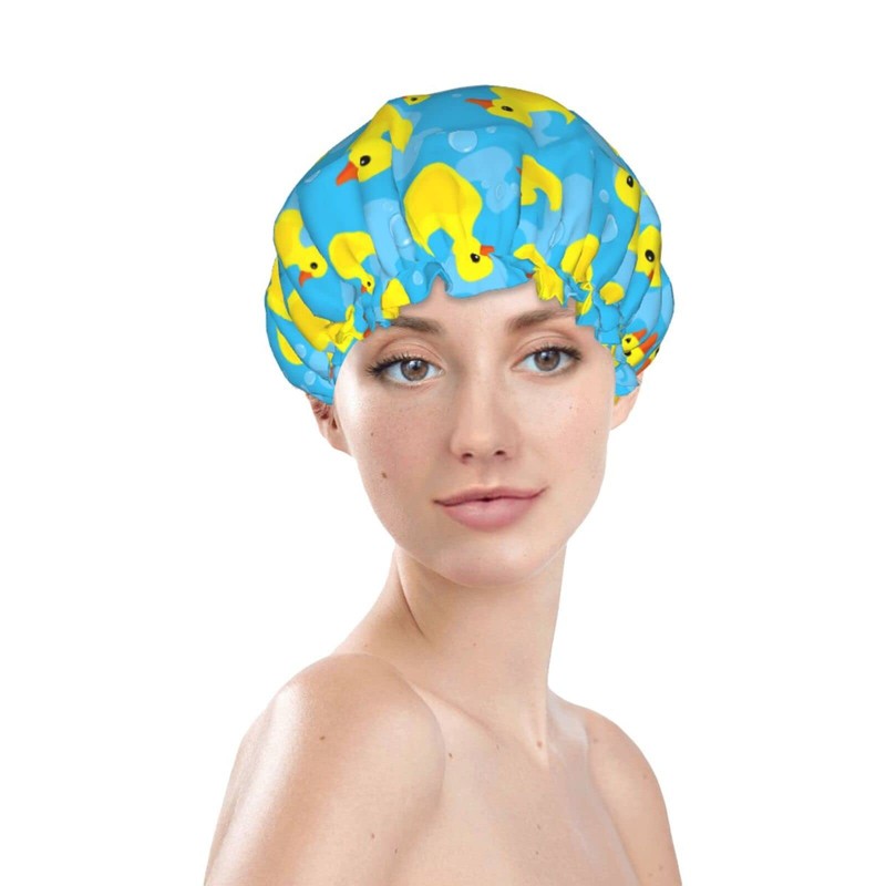Rubber Duck Shower Cap for Women Reusable Double Layers Waterproof