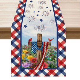XCHI Flowers Cardinals Birds Stars Patriotic 4th of July Memorial Day America Independence Day Table Runner Decoration for Home Kitchen Holiday Party 13x48 Inch