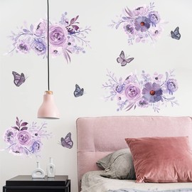 Runtoo Peony Flower Wall Decals Purple Floral Butterfly Wall Art Stickers for Girls Bedroom Living Room Bathroom Nursery Home Decor