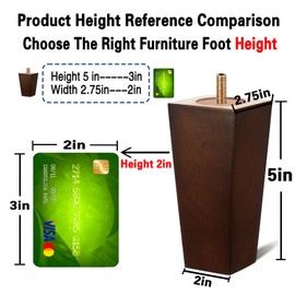 SHANJUE Wood Furniture Legs - 5 inch Sofa Legs Pack of 4 Square Brown Couch Legs, Mid Century Chair Feet, Sofa Replacement Parts, for Dresser, Sideboard, Recliner, Coffee Table