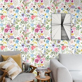 COKCOKR Bohemian Floral Peel and Stick Wallpaper Multicolor Floral and Leaf Contact Paper Removable Waterproof Wallpaper Self-Adhesive Decorative Vinyl Wallpaper for Bedroom Room 17.71" X 118.1"