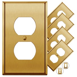 Rio Salto Metal Gold Outlet Cover or Light Switch Cover Wall Plate, Corrosion Resistant Single Duplex Receptacle Wallplate Covers 1 Gang Standard Size, Genuine Brushed Brass 4.50" x 2.76" 5-Pack