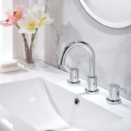 Phiestina Widespread Bathroom Sink Faucet, 3 Hole 8 Inch Chrome Finish, Modern Vanity Faucet with Metal Pop Up Drain, WF015-1-C