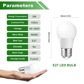 Poinivo 3W LED Light Bulb,3W E27 LED Light Bulbs,Low Wattage Light Bulbs,3000K Soft White,15W Equivalent,for Bathroom Vanity Porch String Light Bulbs,Non-dimmable,6 Pack
