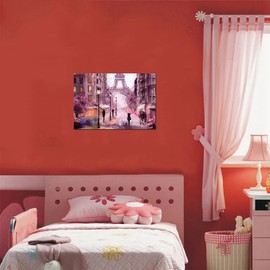 Romantic Paris Office Girl Room Wall Art Pink Flower Blossoming Landscape Canvas Print for Home Decor Framed Pink Eiffel Tower Large Artwork Love 24x36inch