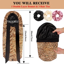 1+3 Long Satin Bonnets with Scrunchies for Women Sleeping, Double Layer Large Braid Bonnet with Tie Band, G