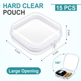 Qiyaz 15 Pcs Clear Hard Shell Zipper Case Plastic Bins Transparent Double Zippers Hard Pouch Clear Plastic Storage Box Containers for Building Blocks Cosmetics, Puzzles (5 x 5 Inches)