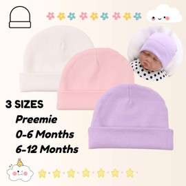 PESAAT Newborn Hospital Hat Infant Baby Boy Girl Cotton Beanie Preemie 0-12months Hats (6-12 Months, White+Pink+Light Purple)