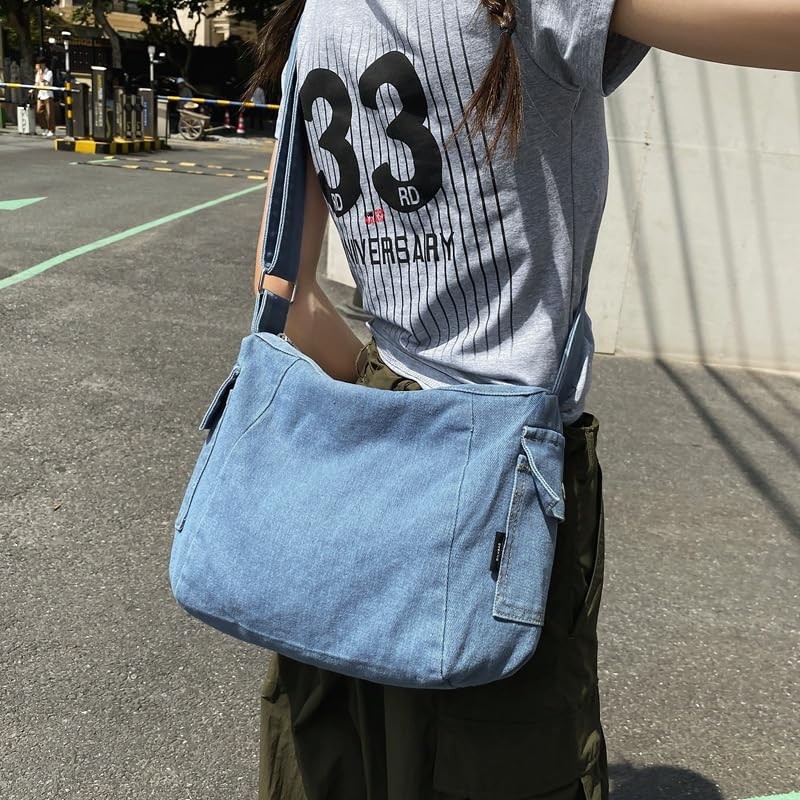LIZHAOCAI Denim Shoulder Handbag Casual Retro Style Tote Bag Convenient