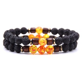 Leuchtbox Stylish Lucky Bracelet Chain for Men and Women Unisex Natural Lava Stone Volcanic Stone Natural Stone Wooden Beads Elastic Band Set of 2 Yellow, Carbon fibre, Lava Rock