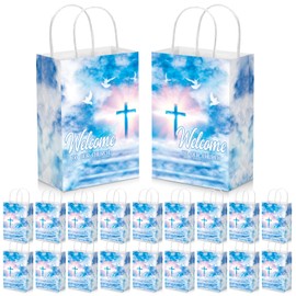Chuangdi 50 Pcs Church Welcome Bags 5.91 x 3.15 x 8.27 Inches Religious Gift Welcome to Our Church Paper Bags with Handles for Hotel Birthday Bulk Baptism Guest Party Favor Supplies (Peace Doves)