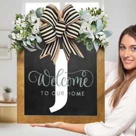 Last Name Welcome Sign for Front Door, Wreaths for Front Door, 26 Letter Front Porch Decor Wreaths, Welcome Sign with Eucalyptus Garland and Bow, Wooden Farmhouse Wall Decor, Housewarming Gifts (J)