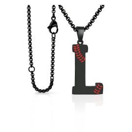 Baseball Initial Necklace for Men A-Z Letter Necklaces Chain Stainless Steel Pendant with Accessories Sport Charm Baseball Gifts for Team Player Athlete Lover Fans (L., Black)