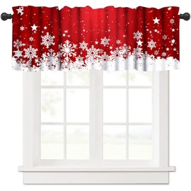 Christmas Kitchen Curtains Valance, Red Short Curtains for Windows, Floral Snowflake Decoration Cafe Curtains, Thermal Insulated Room Darkening Short Curtain 54" X 18"-1 Panel