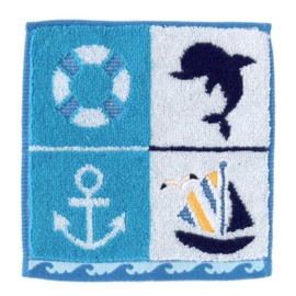 Bloomie's 000541-0028-01 Blue Marine Small Towel (Blue) [100% Cotton] Kids Hand Towel, Mini Towel, Marine, Sea, Squishy, Dolphin Motif, Approx. 5.9 inches (15 cm), blue