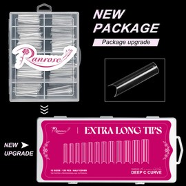 Ranrose 120PCS Extra Long Nail Tips,XXL Super Long Half Cover Deep C Curve False Nails 12 Sizes Tapered Square Press on Nails with Box