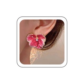 Wendalern Bohemian Red Flower Stud Earrings Enamel Flower Leaf Earrings Cubic Zirconia Rhinestone Cherry Blossom Flower Earrings Large Petal Statement Earrings Wedding Jewellery for Women, Zinc, No