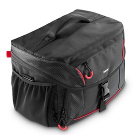 Hama Camera Bag for Digital SLR and System Cameras with Accessories, Holder for Camera Tripod, Tablet Compartment, Rain Cover, Padded, Carry Handle, Trolley Strap, Wipe-Clean Base, Black, red, Modern