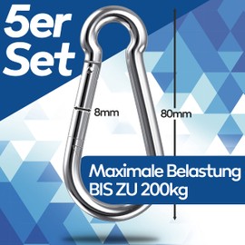 GARSIDURO® Carabiner Hooks, Set of 5, 8 x 80 mm, Galvanised Steel, DIN 5299, Fire Brigade Carabiner with Snap Lock Suitable as Key Ring Carabiner or Heavy Duty Carabiner Caravan