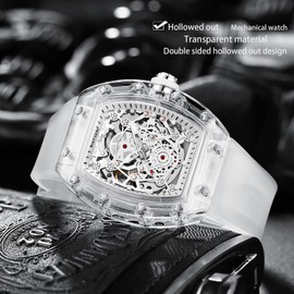 KIMSDUN-Stylish Skeleton Sport Watches, Waterproof, Automatic Mechanical Wristwatch, Transparent Tonneau Case Casual Watch, Silicone Strap for Men Unisex Gift (Black-Black) (TP-K-2015A)