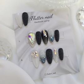 Black Purringle Pixie Handmade Nail Tip - Midi Ballet / 블랙 뿌링글 픽시 수제네일팁 - 미디발레