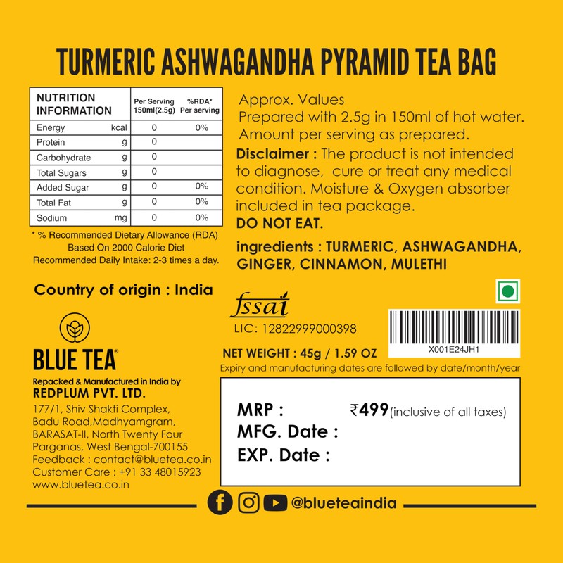 BLUE TEA - Turmeric Tea - Ashwagandha - 15 Count