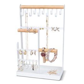 V-LAFUYLIFE Jewelry Organizer Stand Necklace Holder, 6-Tier Jewelry Tree Stand Organizer with Bracelet Holder Ring Tray and 10 Hooks 88 Holes for Earring Holder Jewelry Tower Rack -White