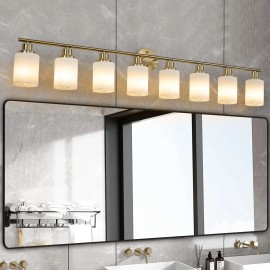 8 Light Modern Vanity Wall Sconce 52\" Golden Finish with Frosted Glass Shades for Bathroom & Hallway Lighting No Bulbs NeededMaterial: Iron, Color: Coppery Color