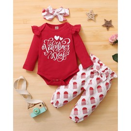 Baby Girl Clothes Valentines Day Outfits Infant Red Love Heart Shirt Bodysuit Long Pants Set Toddler Valentines Gifts 12-18 Months Girl Clothes