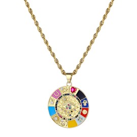 Boho Evil Eye Necklace for Women Men 14K Gold Plated Hiphop Enamel Zircon Inlay Ojo Hamsa Turkish Greek Evil Eye Pendant Necklaces Rope Chain Necklace (Color round, chain length:18")