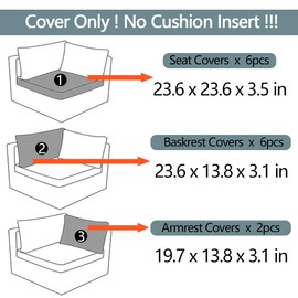 Frxeyaliz 14Pcs Outdoor Cushion Covers Replacement Washable Waterproof UV w/Zipper for 6-Seaters Sofa Patio Slipcovers Set Seat and Back Covers Only (Light Gray, 23.6x23.6x4inch)