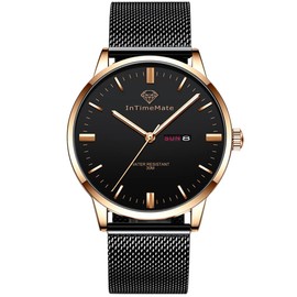 INTIMEMATE Mens Black Watch for Men with Day Date Casual Round Analog Men Wrist Watches Waterproof Dress Man Watch Fashion Rose Gold Watch Men Easy Read Simple Minimalist Luminous Reloj De Hombre