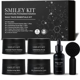Premium Facial Care Kit (6 pcs kit ): Charcoal Facial Cleanser + Exfoliating Scrub, Moisturizing Balm + Super Glow Serum + Skin Renewing Eye Cream & FREE Brush Cleanser Complete Skin Care