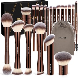 MAANGE Brochas de Maquillaje Profesional 20 Piezas Set de Brochas Maquillaje de Aluminio con Estuche de Terciopelo Sombra de Ojos en Polvo para Base de Maquillaje Perfecta para Regalar(Marrón)
