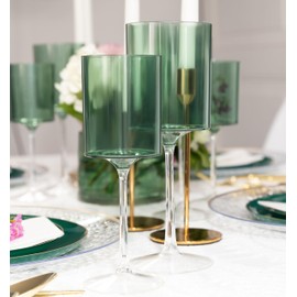 PLASTICPRO 10 Pack Plastic Wine Goblets 9 oz Two Tone Elegant Disposable Wine Glasses with Stem Reusable Hard Plastic Drinking Glasses for Parties Weddings, Green and Clear