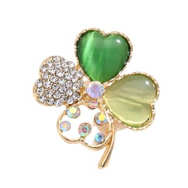 Rhinestone Clover Leaf Brooch Pin, Green Four Leaf Clover Pin Shamrock Lapel Pin, Gold Plated Vintage Crystal Flower Brooches-4