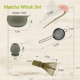 Matcha Whisk Set Kit 5 Pcs Ru Kiln Celadon Matcha Bowl With Spout Matcha Whisk and Holder Spoons Sifter for Home Kitchen Decor Gifts Unique Matcha Lovers Birthday Gift Ceremonial Grade Matcha (White)