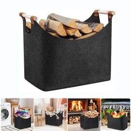 Felt Firewood Basket with Wooden Handle, Extra Thick Firewood Bag for Indoor Outdoor Fireplace, Felt Firewood Basket Bag Foldable Felt Basket for Wood, Newspaper, Firewood or Shopping(XL)