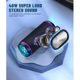 Ortizan Portable Bluetooth Speaker, 40W Loud Sound and Deep Bass, IPX7 Waterproof, True Wireless Stereo, Bluetooth 5.3, Colorful Flashing Lights, Preset EQ, USB Play, for Home, Outdoor, Party, Black