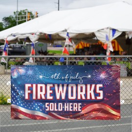 Fireworks Sold Here Banner - 4th of July Outdoor Sign - Waterproof Vinyl Banner with Grommets, American Flag Design, Made in USA, Patriotic Fireworks Advertising Banner (Full-Color, 4x8 Feet)